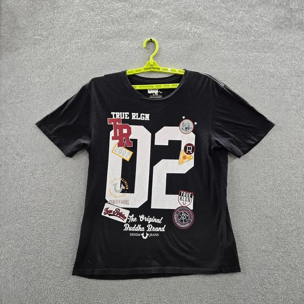 True Religion Men Shirt XL Black Embroidered Graphic‎ Logo Number Short Sleeve